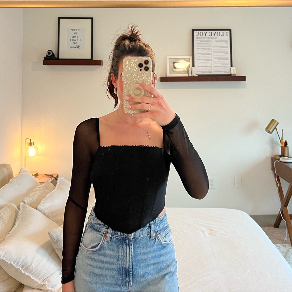 Princess Polly black sheer sleeve top with corset bodice